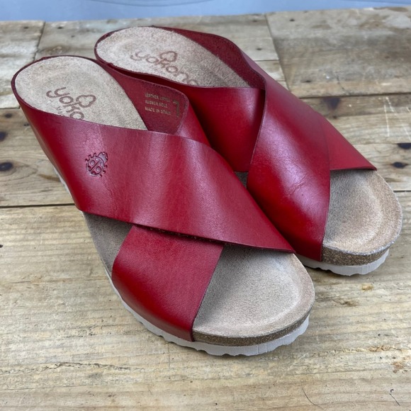 Yokono - Cross Band Leather Wedge Sandals - Red - Made in Spain - Women's 7.5 - Picture 3 of 16